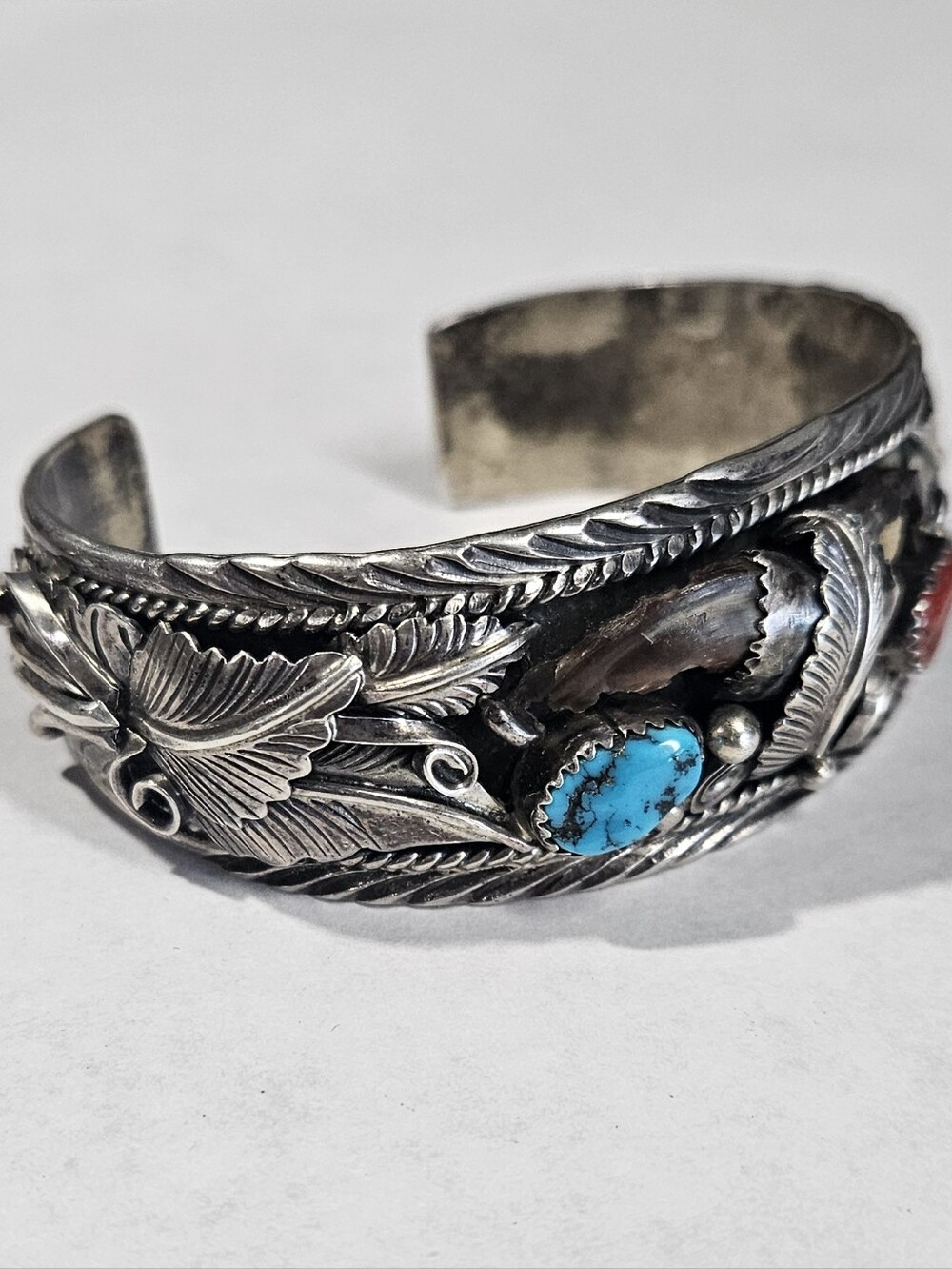 Vintage Handmade Sterling Silver Navajo Cuff Bracelet Turquoise Coral Stones